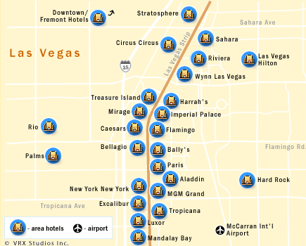 las vegas strip map hotels. Las Vegas strip map to road